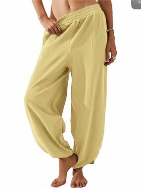 Relaxed Elastic-Waist Linen-Blend Pants in Yellow